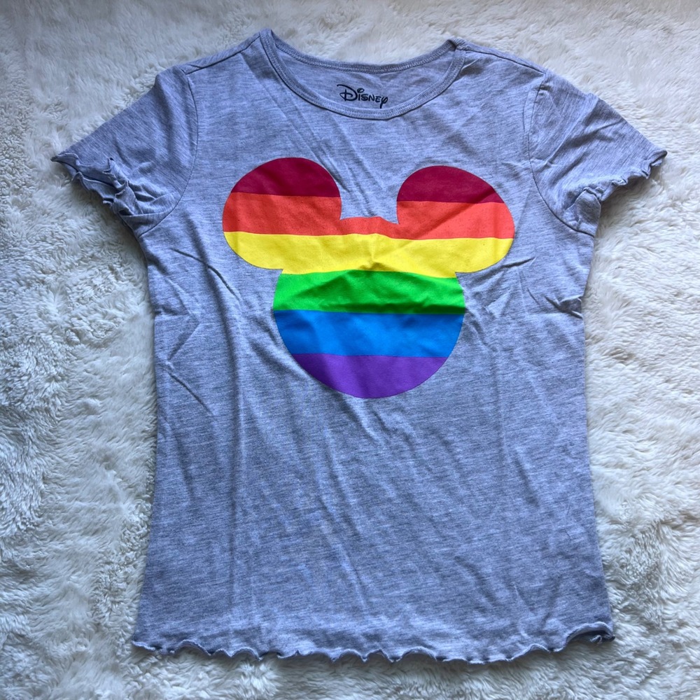 Disney Mickey Mouse Rainbow Graphic T-Shirt Gray Lettuce Edge Juniors XS NWOT